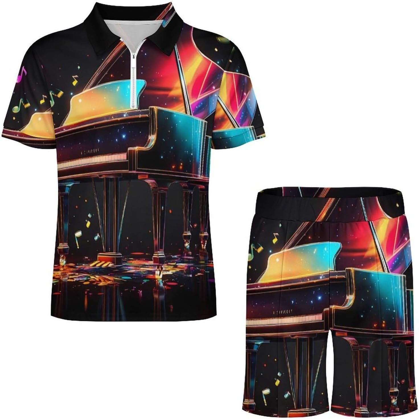 Colorful Piano Keyboard Music Note Mens Polo Shirts Track Suits 2 Piece Short Sleeve Sweatsuit 1/4 Zip Golf Loungewear for Sports