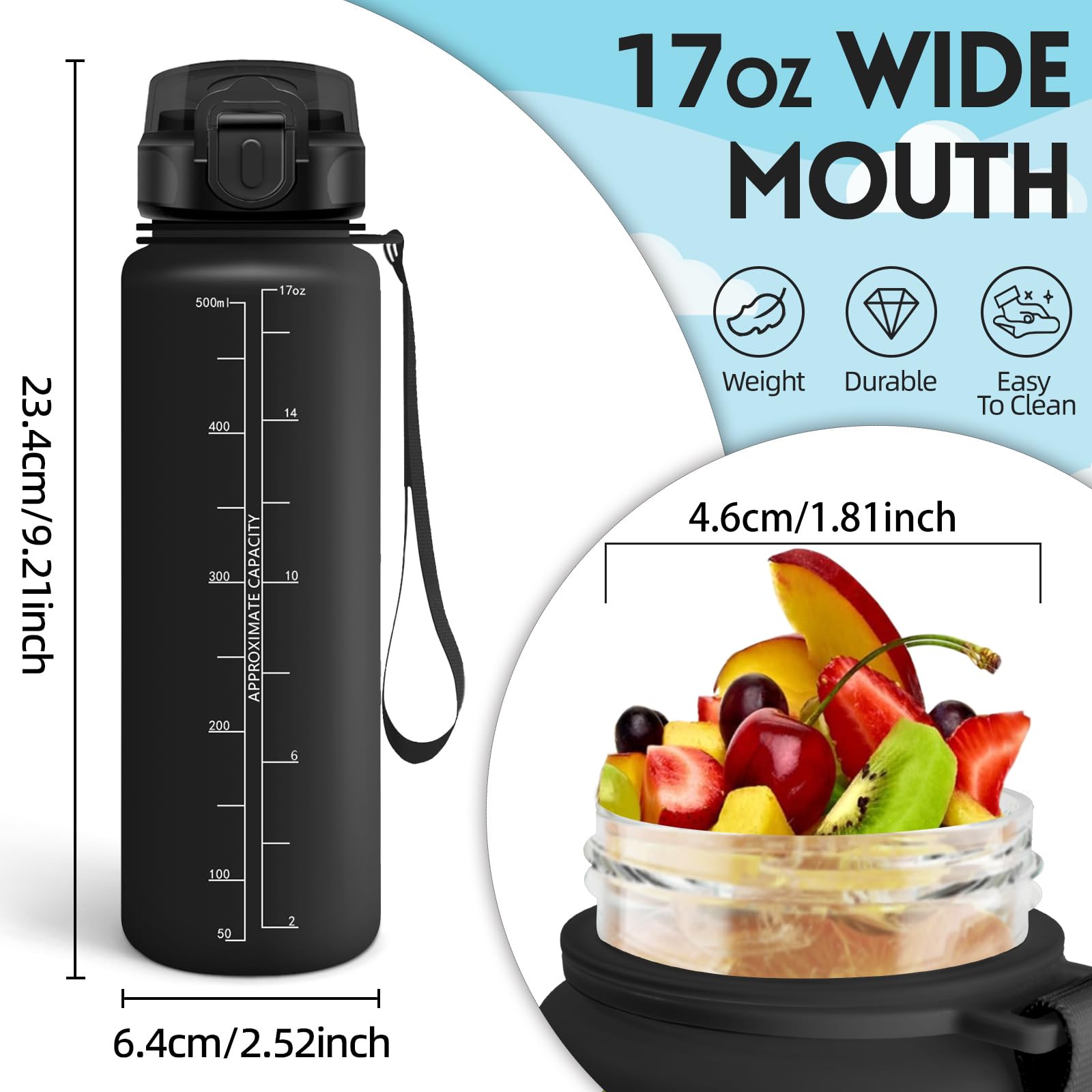 Borraccia, 500ML Senza BPA, Borraccia Bambini, Design della serratura a prova di perdite, Borraccia Motivazionale, Con marca temporale, Bottiglia Acqua per Scuola, Sport, Scalare Montagne - Nero