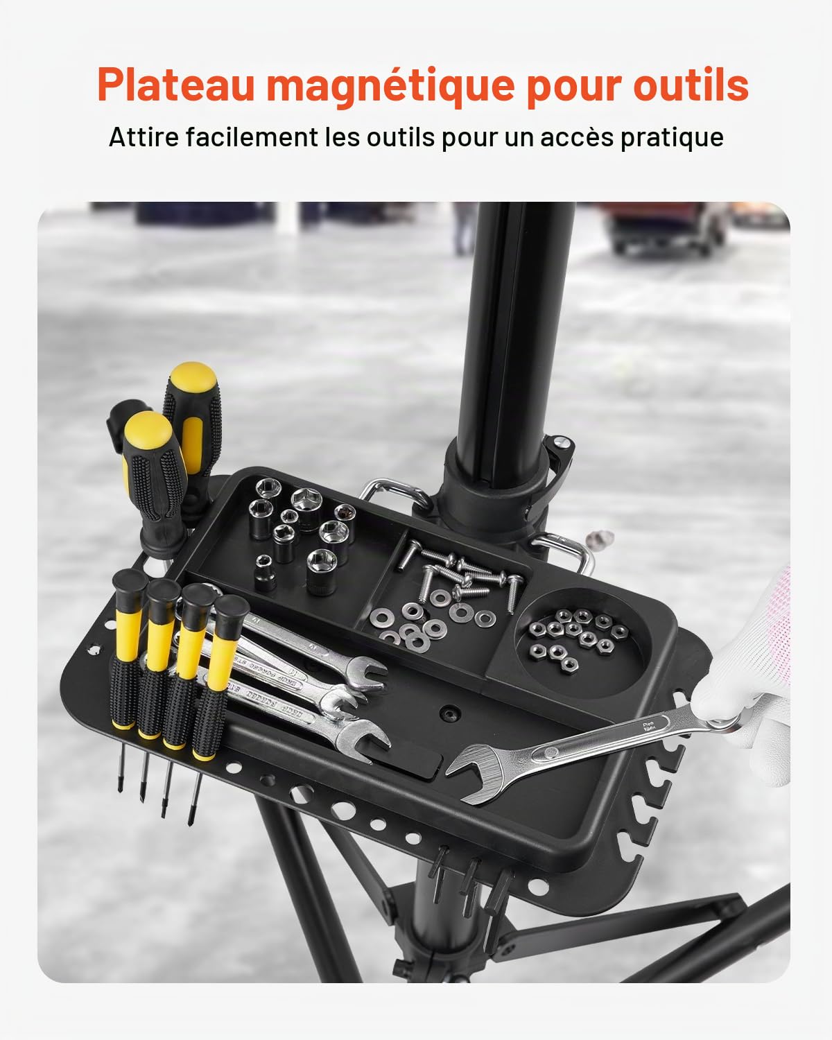 VEVOR Pied d'atelier vélo pliable, hauteur réglable 1035-1630 mm, support de réparation de vélo robuste, charge 38,56 kg, stand de bicyclettes avec plateau à outils magnétique, pour VTT et vélos route