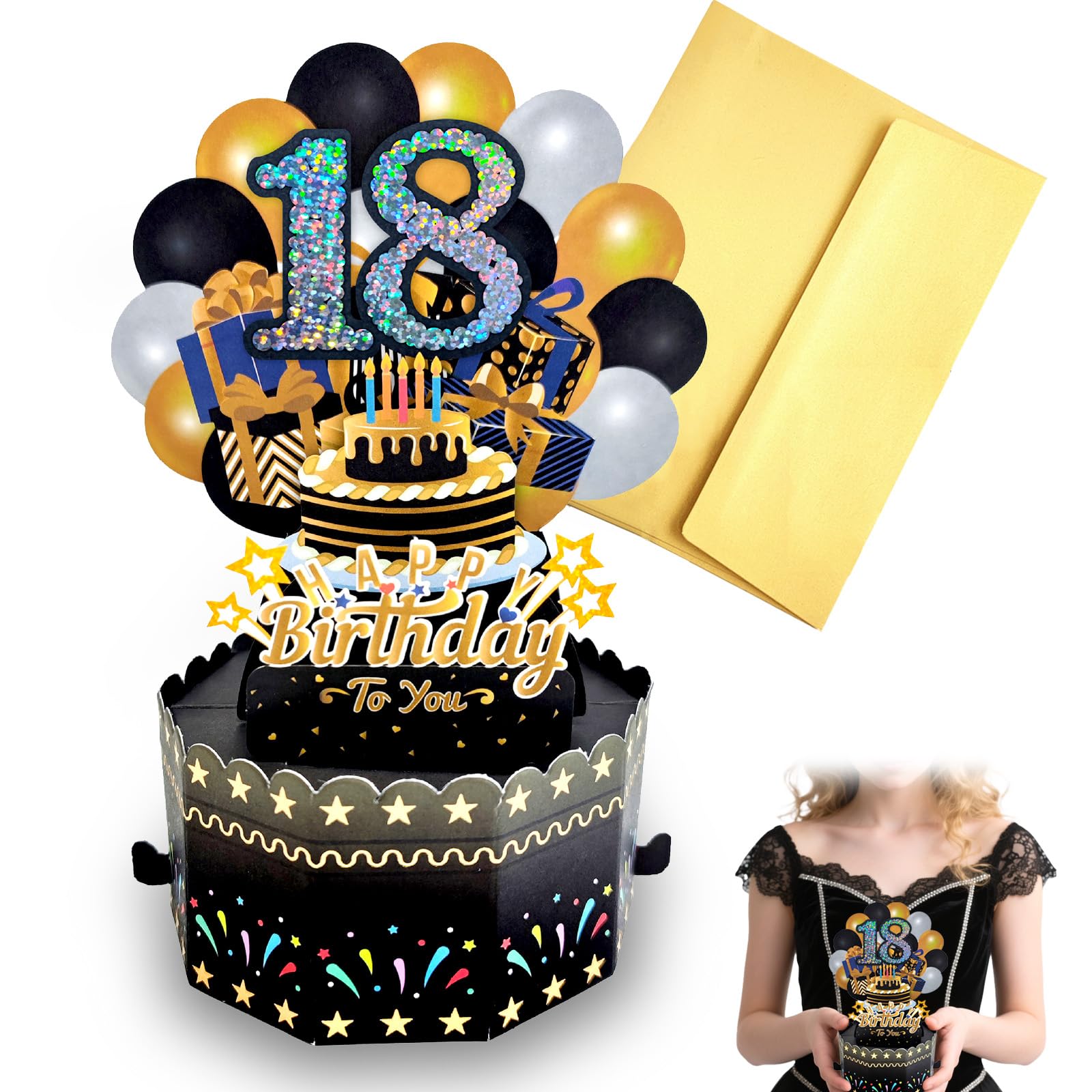 Personalised Pop Up Birthday Card, Happy 18th Birthday Card with Envelope Perfect for 18th boys & girl (Black)