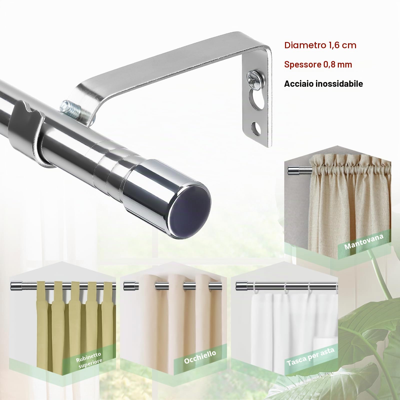 Bastone per tende con occhielli, asta per tenda in voile da 16 mm, colore argento, 76-117 cm, asta per tenda da finestra, estensibile, in acciaio inossidabile, con staffe regolabili, per camera