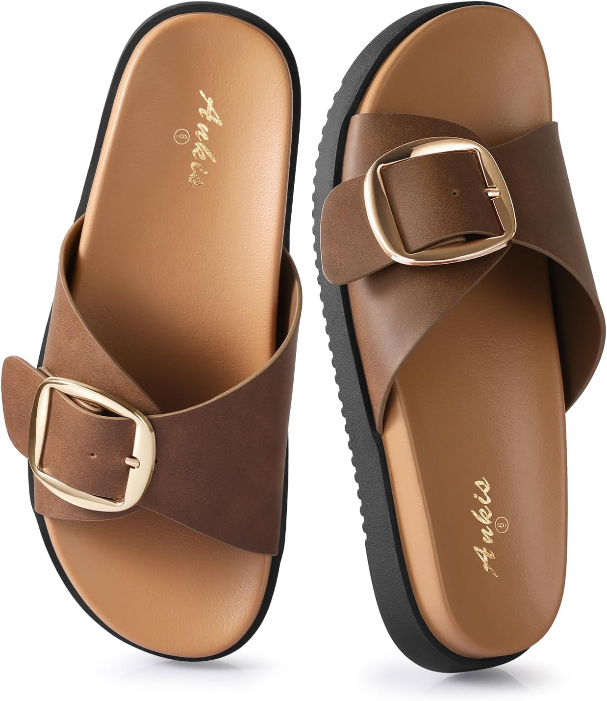 Brown Black White Flat Sandals for Women 2025,Wide Width Leather Sandals for Women Comfortable Dressy,Womens Summer Beach Sandals with Adjustable Strap and Buckle