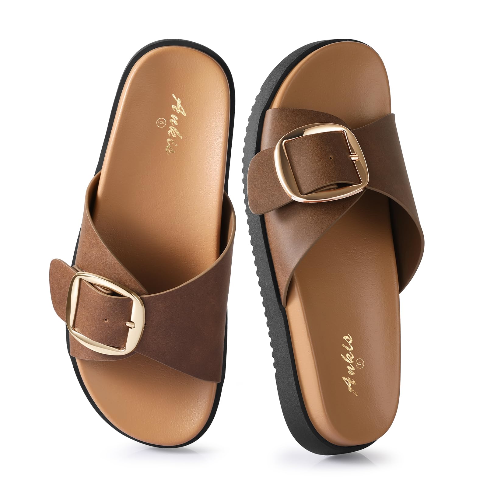 Ankis Brown Black White Flat Sandals for Women 2025,Wide Width Leather Sandals for Women Comfortable Dressy,Womens Summer Beach Sandals with Adjustable Strap and Buckle