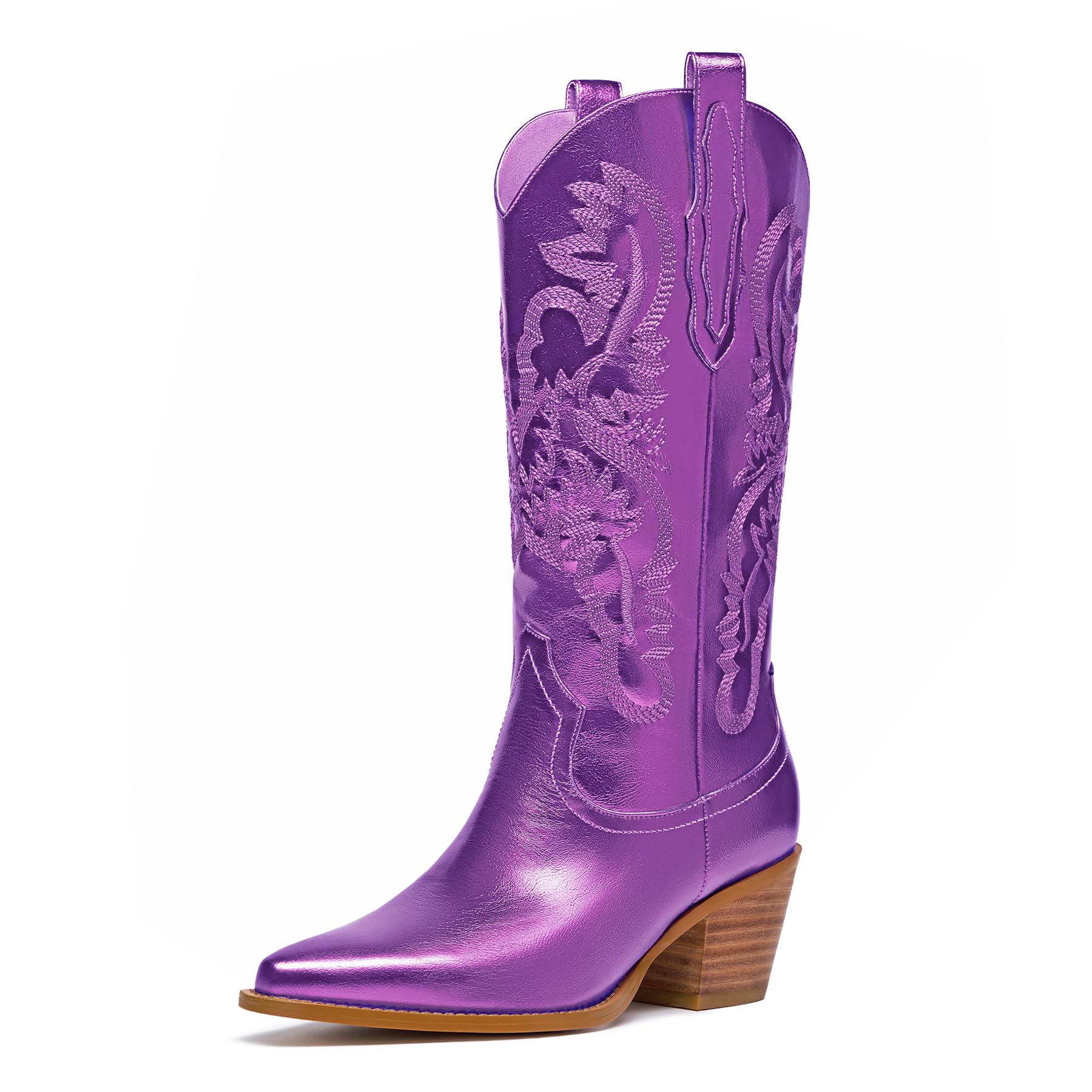 driceic Glitter Wide Calf Metallic Embroidered Cowboy Boots For Women Sparkly Mid Calf Chunky Heel Pull on Pointy Toe Western Cowgirl Boots Fashion