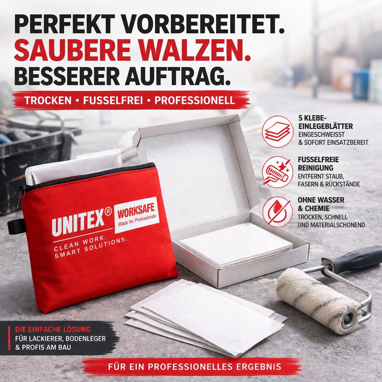 Wałek malarski do czyszczenia arkuszy kleju – 1 opakowanie po 5 arkuszy (250 x 300 mm) – usuwa kłaczki kurzu – przygotowanie wałków bez wody – dla malarzy, lakierników, wykładzin podłogowych