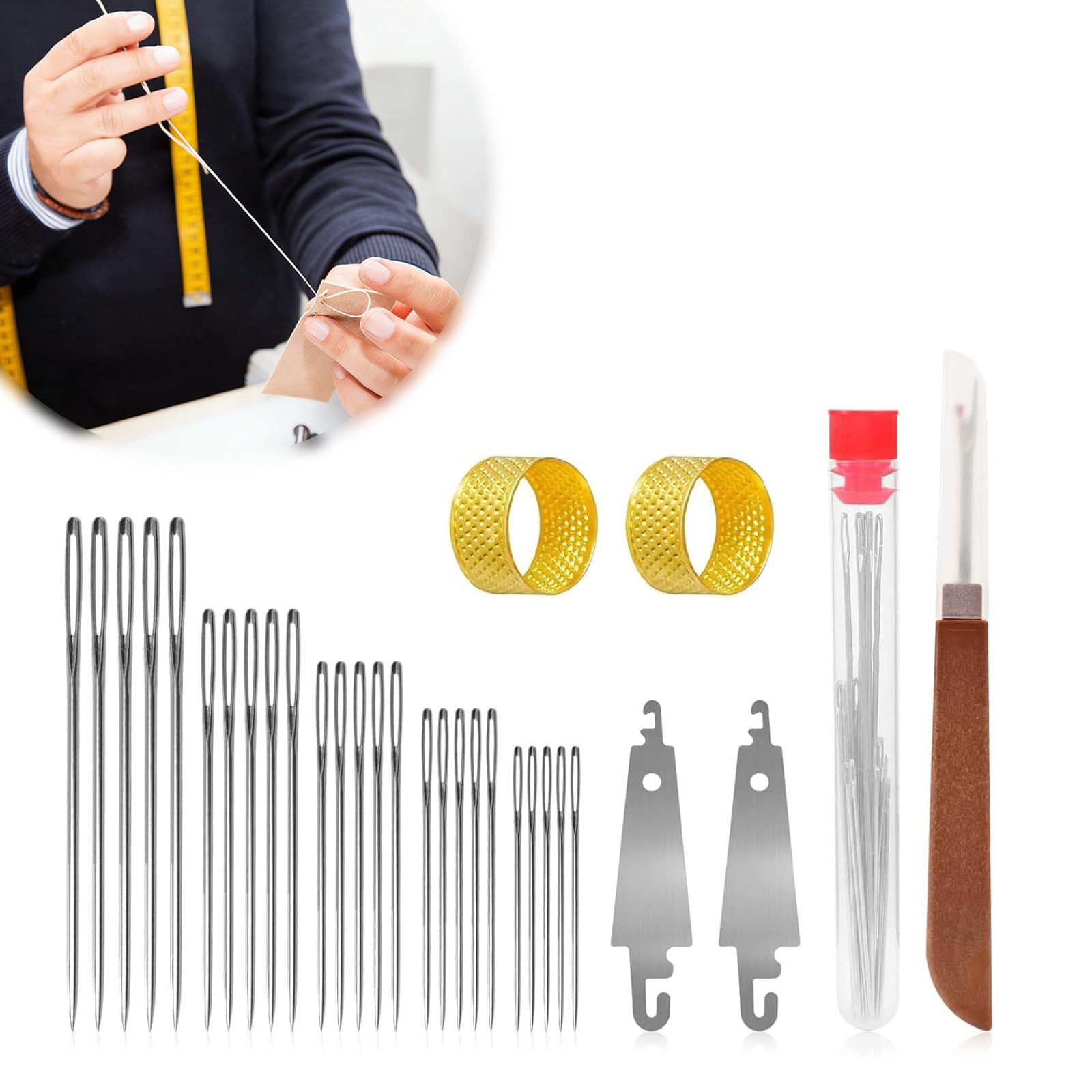 Haoxyo As Shown In The Pictures 31Pcs Big Eye Stainless Steel Needles Set With Needle Threaders Hand Sewing, Includes 25 Sewing Needles, 2 Needle Threaders, 2 Thimbles And 1 Seam Ripper For Beginners And Craft Lovers