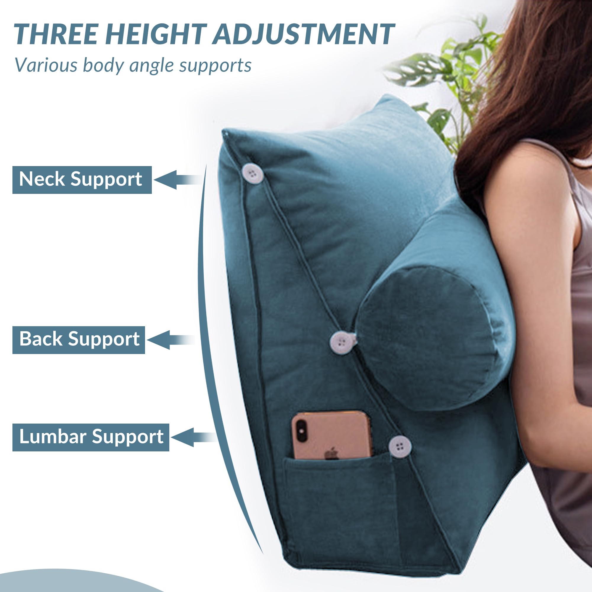 Konelia Wedge Pillow Reading Pillow Triangle Dorm Bed Headboard Backrest Lumbar Back Support with Adjustable Neck Pillow 23.6x7.9x19.7 Inches Blue