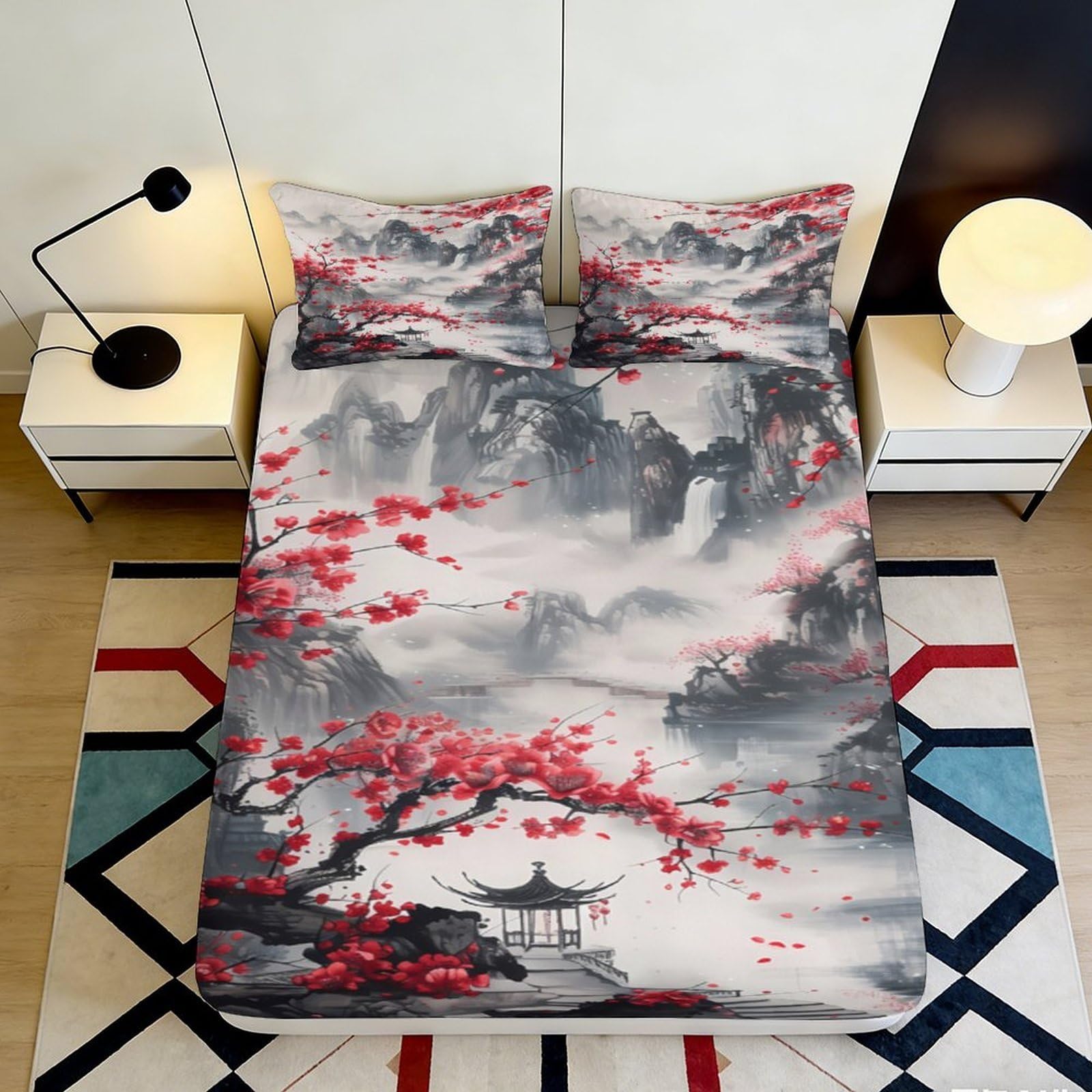 3D Printed Red Blossom Landscape Fitted Sheet Microfiber Art Chinese Pavilion Bed Cover for Bedroom Guest Room Decor 90x200x25cm