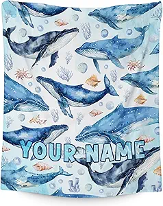 Custom Whale Blanket with Name for Women, Cute Soft Gifts for Ocean Lovers, Cozy Flannel Throw for Bed Living Room, 60"x80"