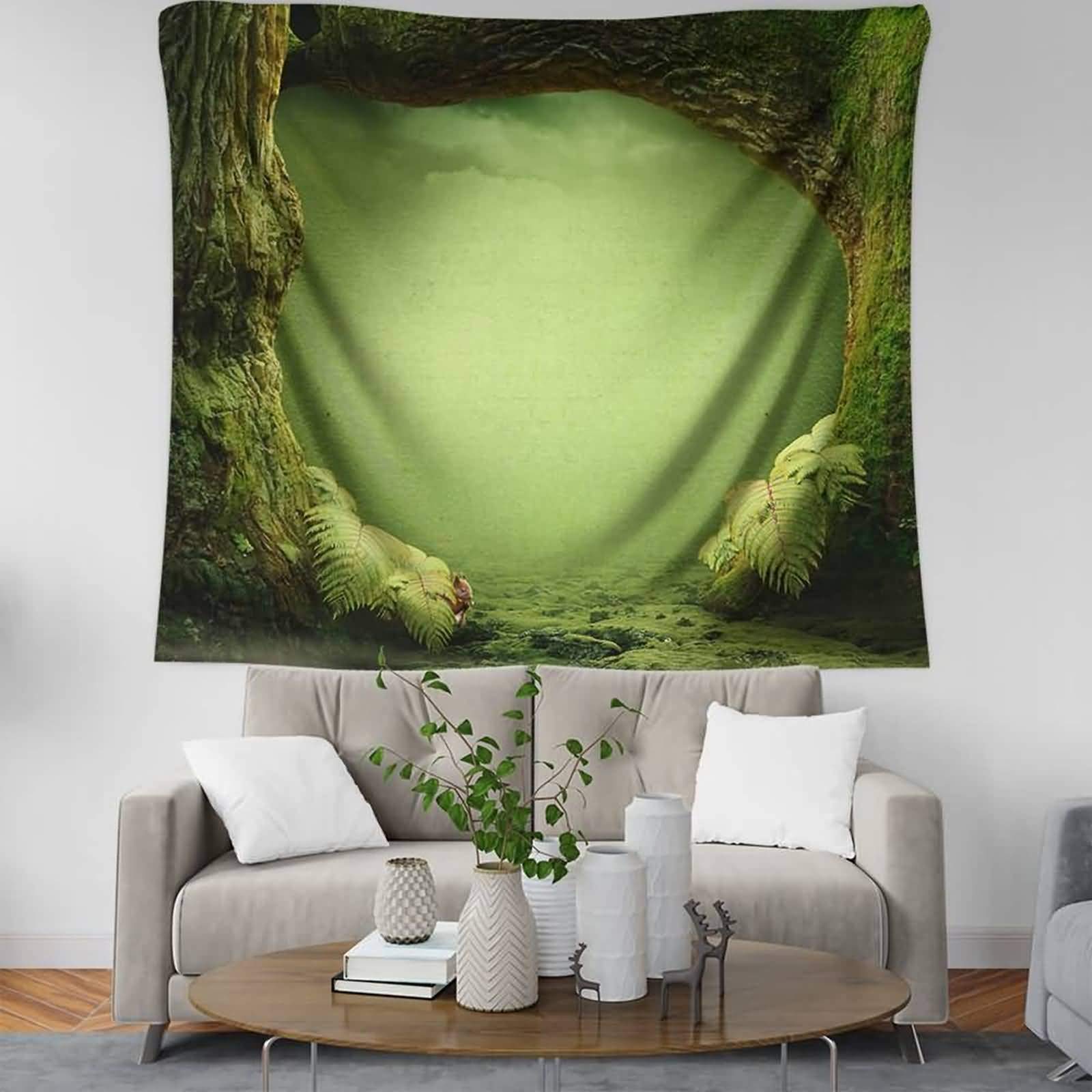 Tapisserie Murale Forêt Psychédélique Vert Décoration Murale Toile Imprimée 230x150