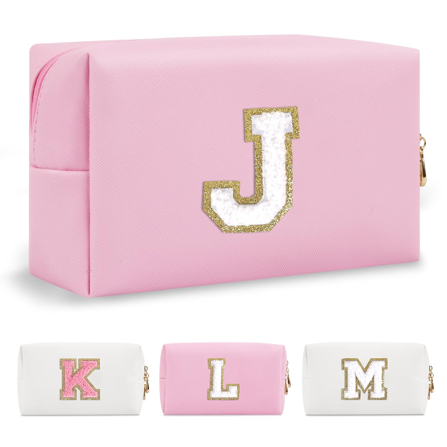 Personalized Initial A-Z Preppy Patch Makeup Bag,Small PU Chenille Letter Cosmetic Bag with Zipper for Teen Girls,Pink Cute Toiletry Organizer Bag,Monogram Makeup Case Gift for Women Girls,Letter J