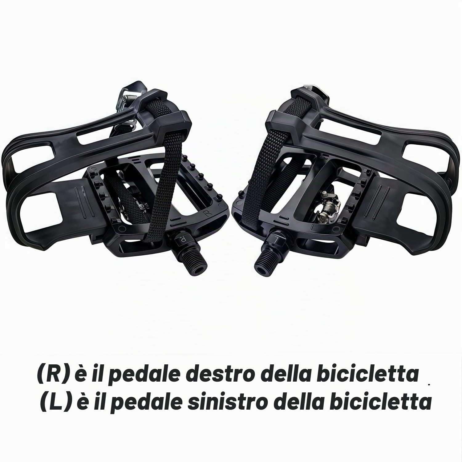 YBEKI SPD - Pedali ibridi [2 in 1] - Pedale a scatto e piattaforma con gabbia/cinghia | Compatibile con Shimano SPD | Asse 9/16" per biciclette indoor, spinning, cyclette