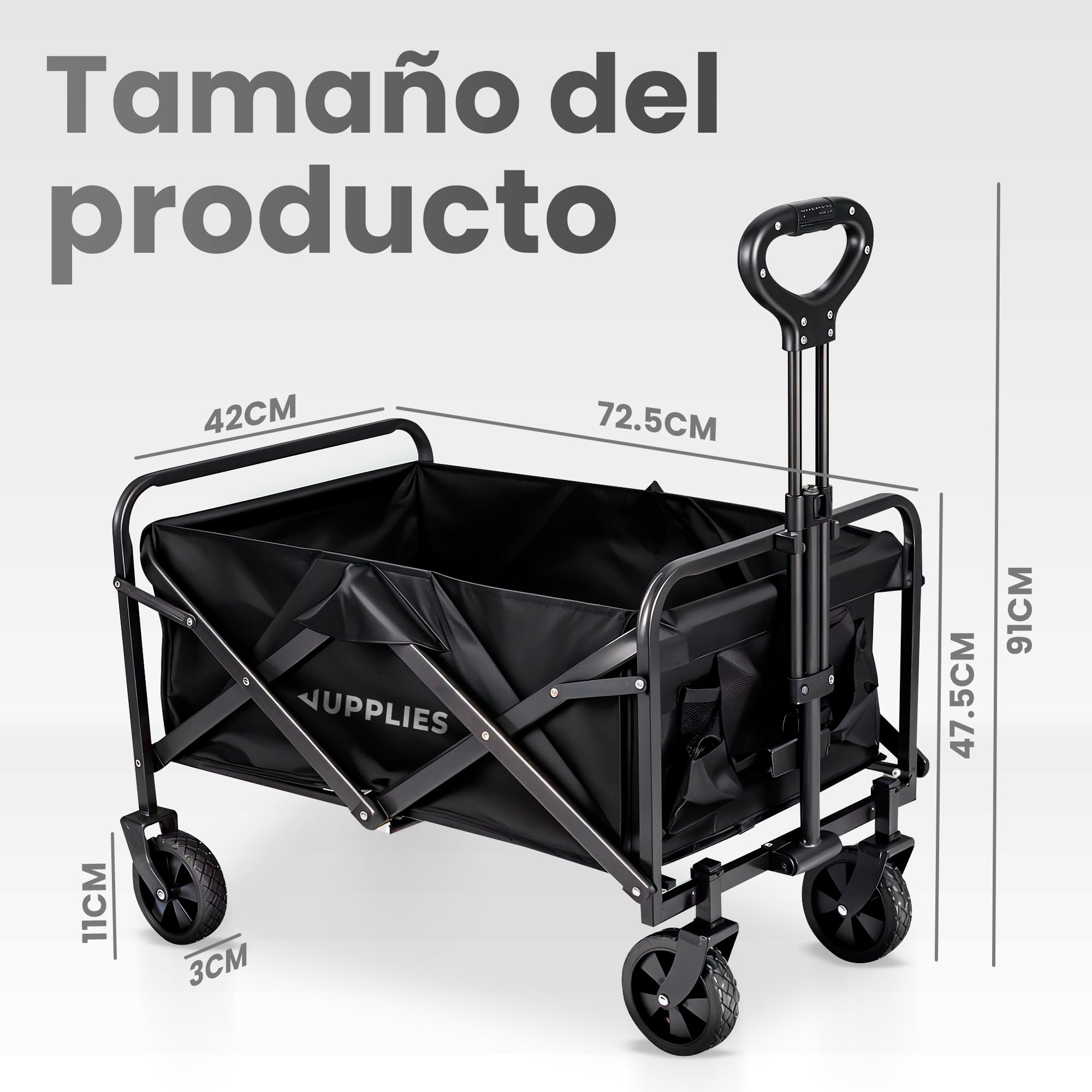 JUPPLIES Carro Plegable con Ruedas Grandes – Carro Playa, Jardín y Supermercado | Carrito Transporte Plegable Todoterreno, Asa Telescópica, Tela Resistente e Impermeable 75KG - S (72.5x42x47.5cm)