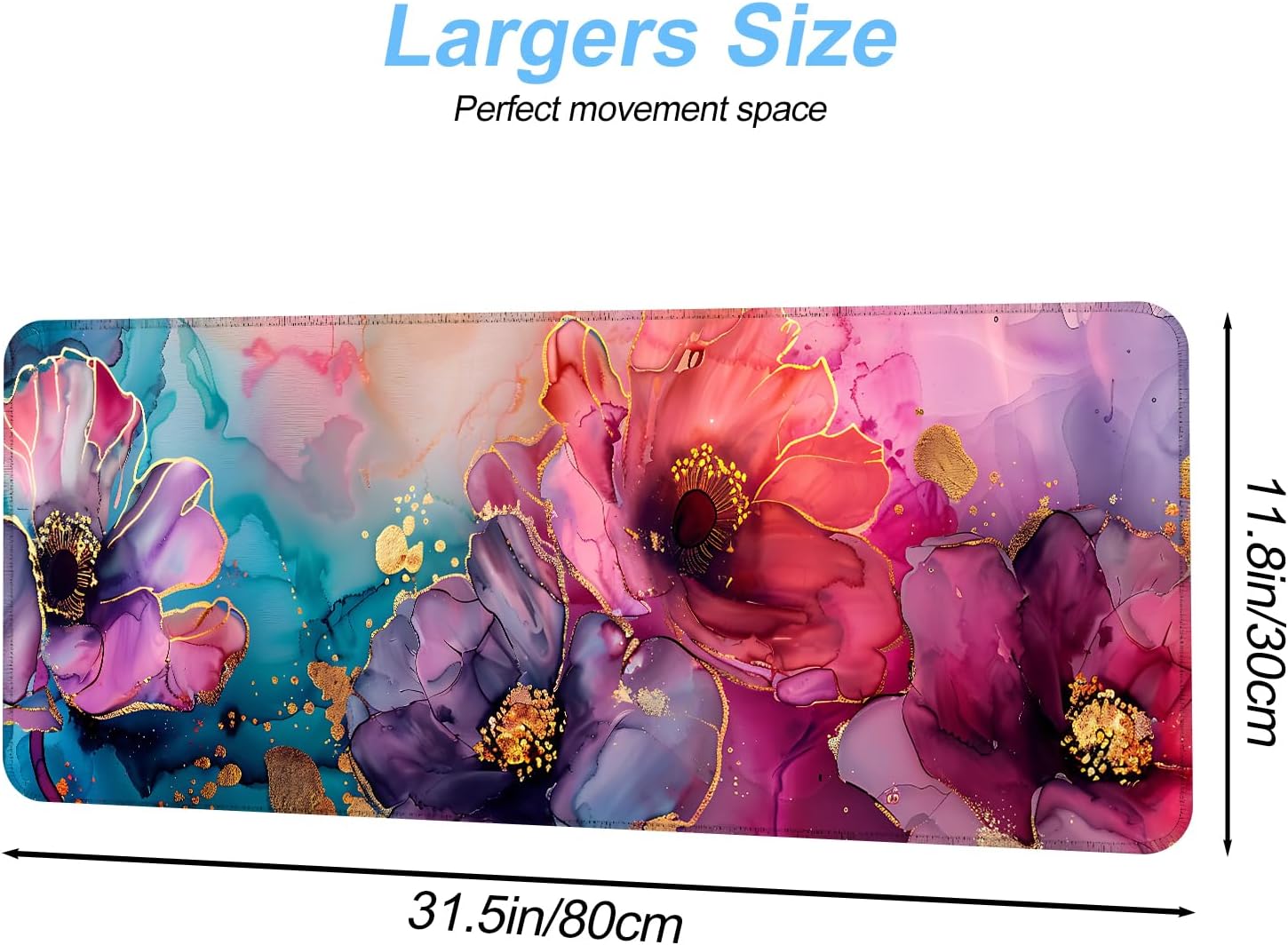 Floral Mouse Pad XXL – Large Desk Mat with Abstract Alcohol Ink Flowers in Pink, Purple & Teal, Extended Mousepad with Non-Slip Base for Office, Workstation, Gifts,31.5 x 11.8 in
