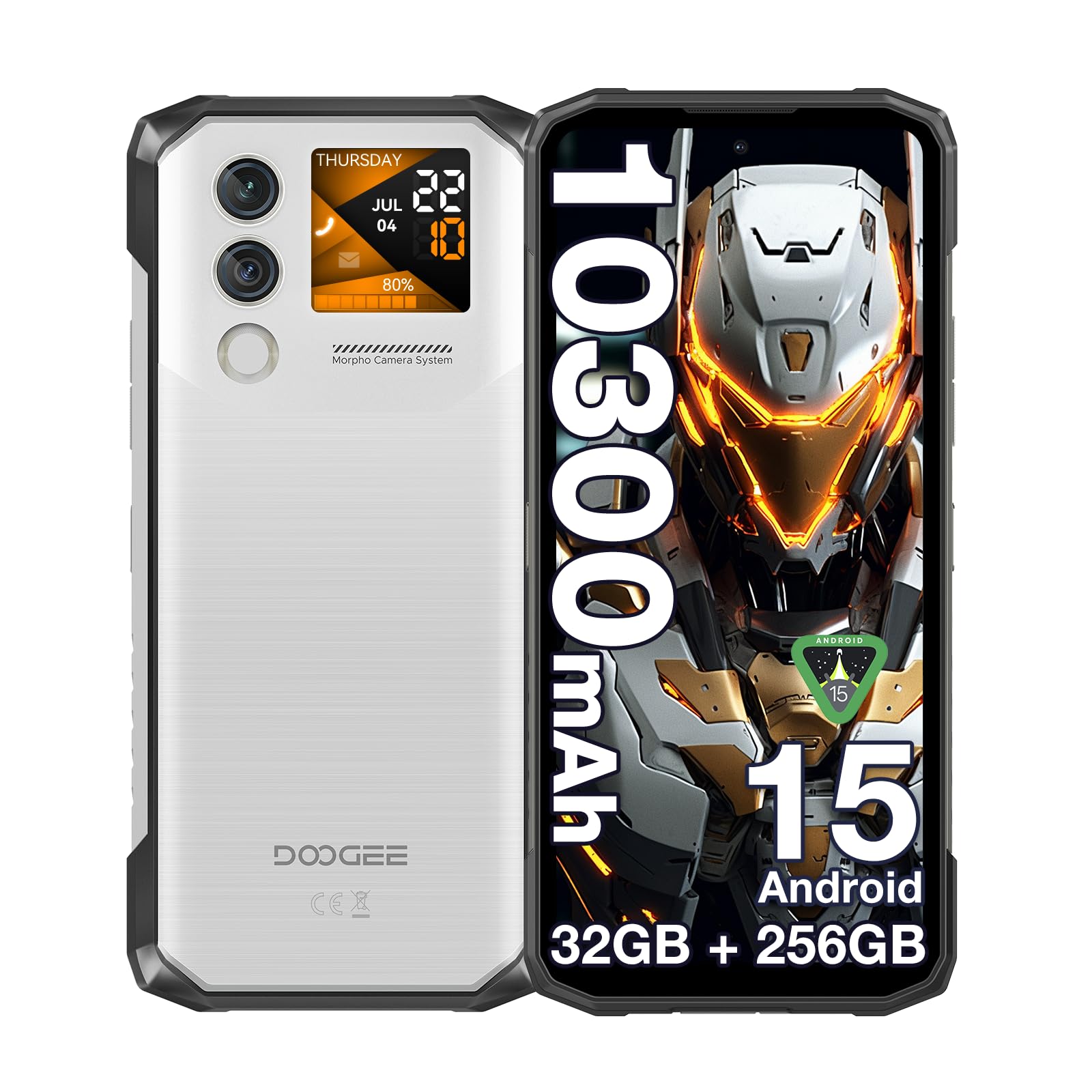 DOOGEE Blade10 MAX Rugged Smartphone Android 15, 1.54” Rear Display 6.56”HD 90Hz, 10300mAh 18W Telefono Indistruttibile, 32GB+256GB, 50MP NFC Triple Card Slot, Fingerprint Face Unlock, Argento
