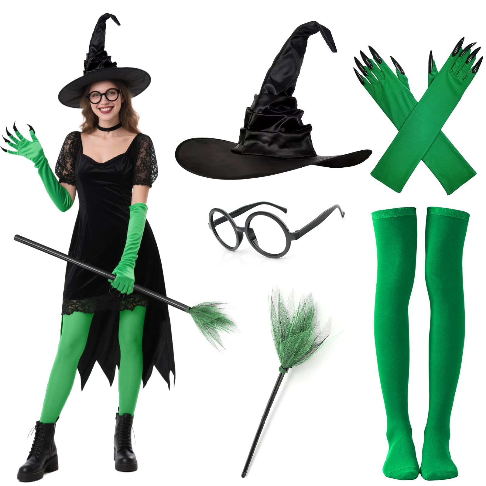 Boyigog Witch Costume Women with Witch Gloves Hat Socks Broomstick, Halloween Witches Fancy Dress Outfit Women for Halloween Masquerade Carnival Cosplay