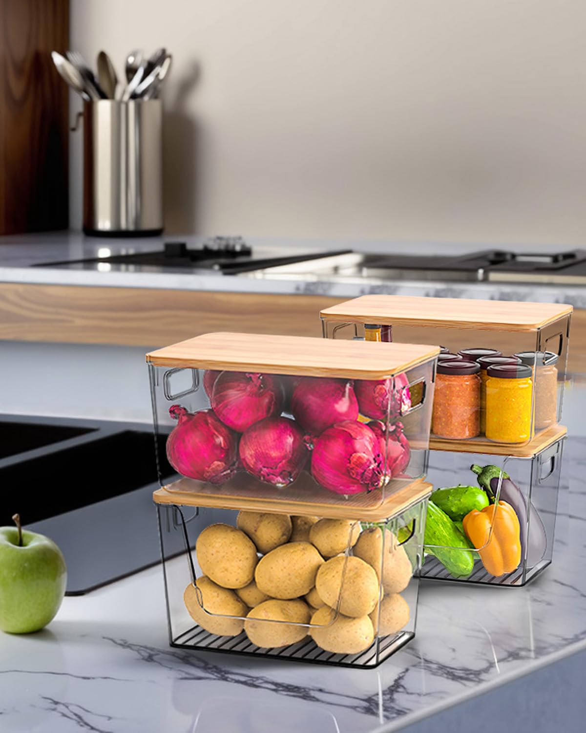 Pack Of 4 Stackable Potato & Onion Storage Bins With Bamboo Lids - Clear Pantry Organizers