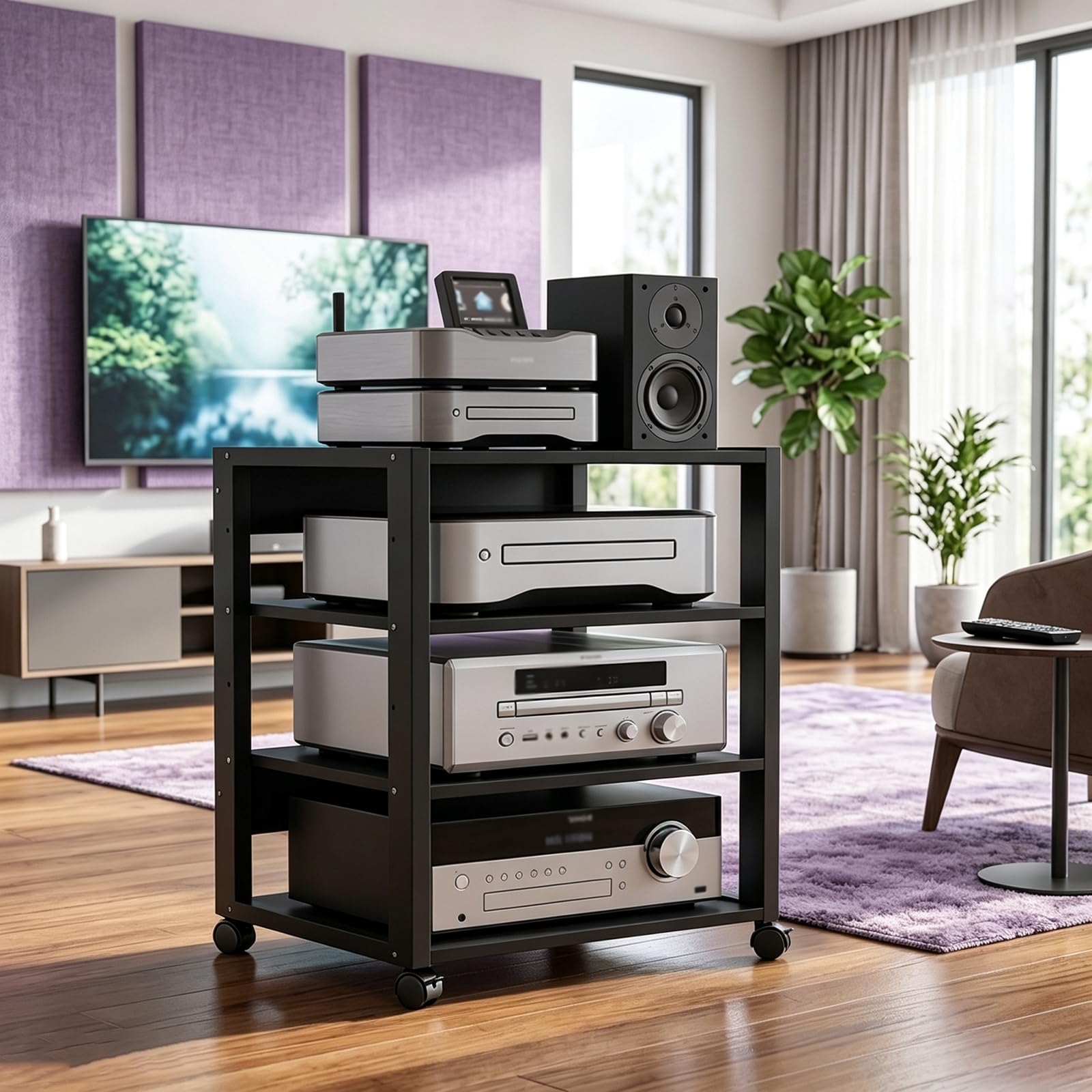 Estante AV de 4 Niveles con Ruedas para Equipos estéreo y HiFi