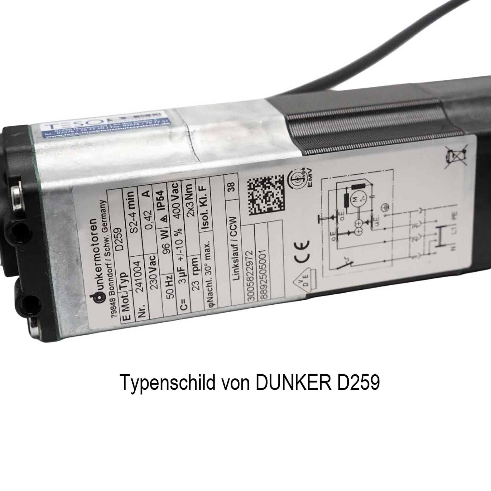 Dunker D259 - Motor Enrollador Persiana Romana (6 Nm y 26 rpm, marcha a la izquierda), repuesto para: D234, D238B, D204 AE, D204, D239 y D249