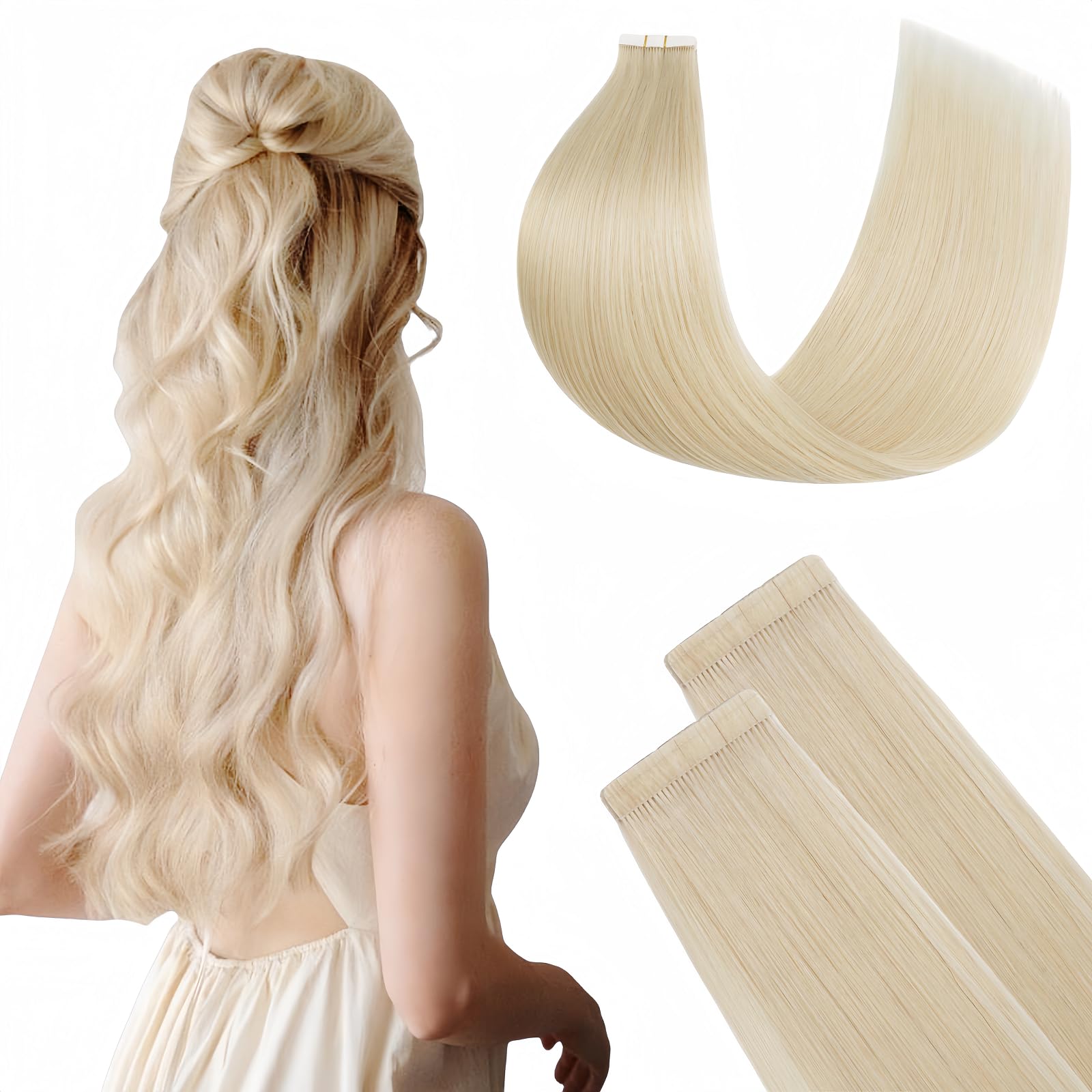 FUOTONBUTY Tape in Hair Extensions Human Hair Double Stitched Invisible Seamless Tape ins 20pcs 50g (Platinum Blonde, 12 inch)