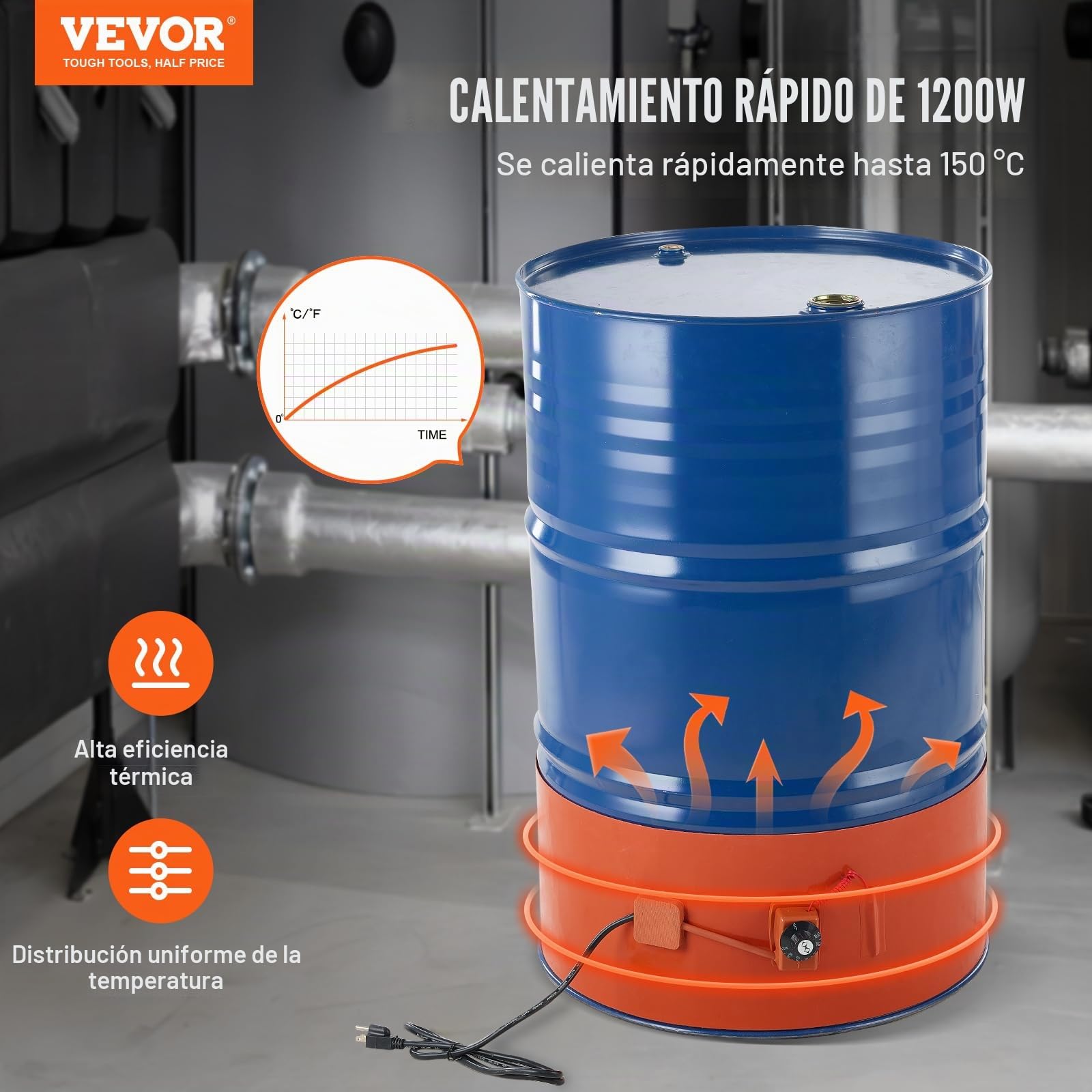 VEVOR Calentador de Bidón de Metal 1200W Correa Calefactora para Bidón 55 Galones Ancho 250mm Termostato Ajustable 30~150°C Correa Calefactora de Bidón de Grasa de Silicona Alta Eficiencia, Naranja