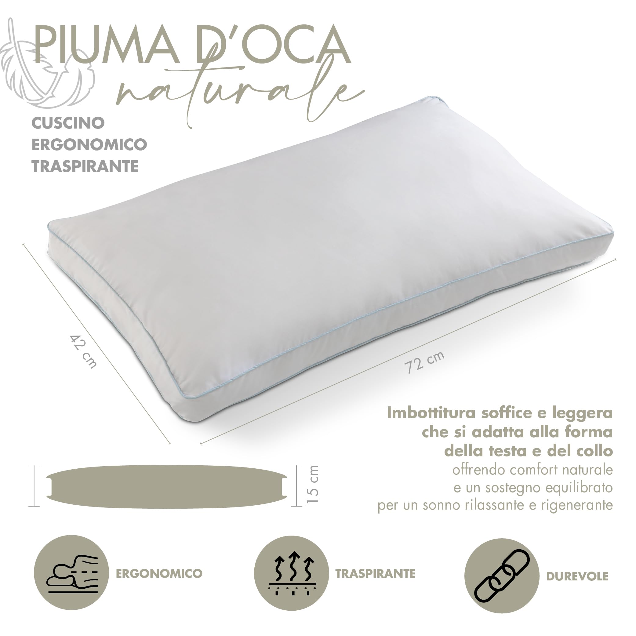 EMTEX Cuscino Letto in PIUMA D'OCA 100% Naturale Guanciale Morbido e Traspirante in COTONE Parcalle Cuciture Premium Made in Italy (1, BIANCO cuciture AZZURRO)