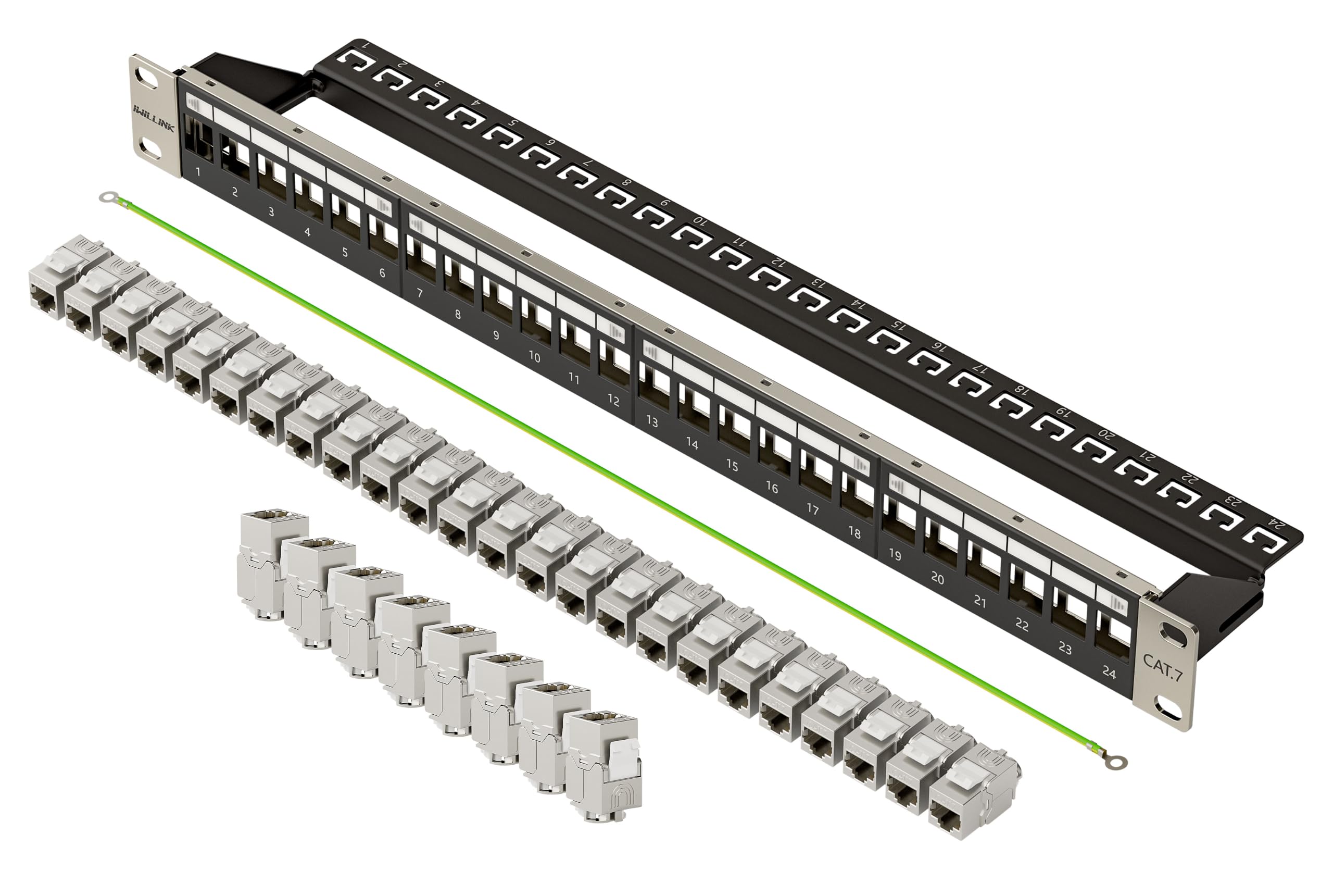iwillink Set di pannelli patch CAT7 a 24 porte | montaggio a rack 1U 19" | 24 moduli Keystone RJ45 | 10 Gbps 600 MHz | nero
