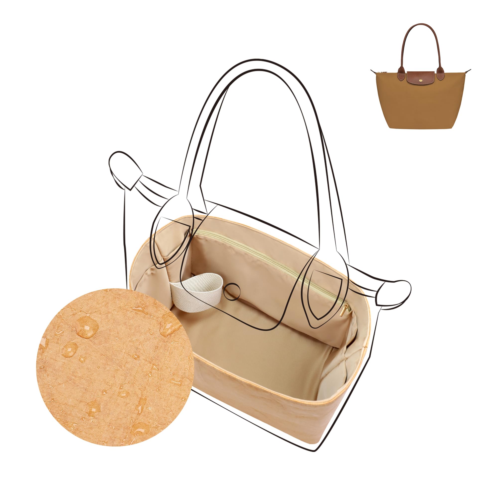 DGAZ Organizador de Bolsos Interior, Inserto para Longchamp Le Pliage, Forro de Seda y Exterior de Papel Dupont, con Bolsillo con Cremallera y Tira Sujeta-Botellas, Ligero (Chai, M Asas largas)