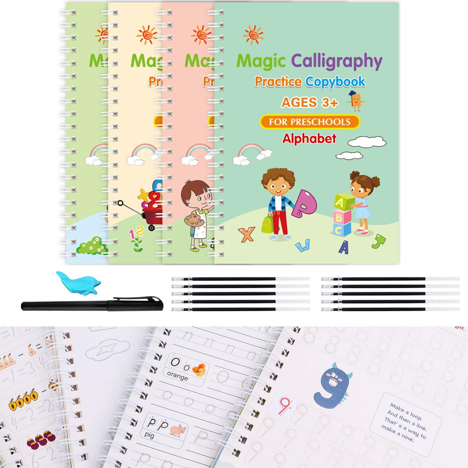 GraGra Magic Practice Copybook, 4 Pack Reusable Grooved Writing Books for Kids, Handwriting Calligraphy Magic Copy Books Drawing, Math, Numbers, English Alphabet with 1 Pen 8 Refills & 1 Pen Holder