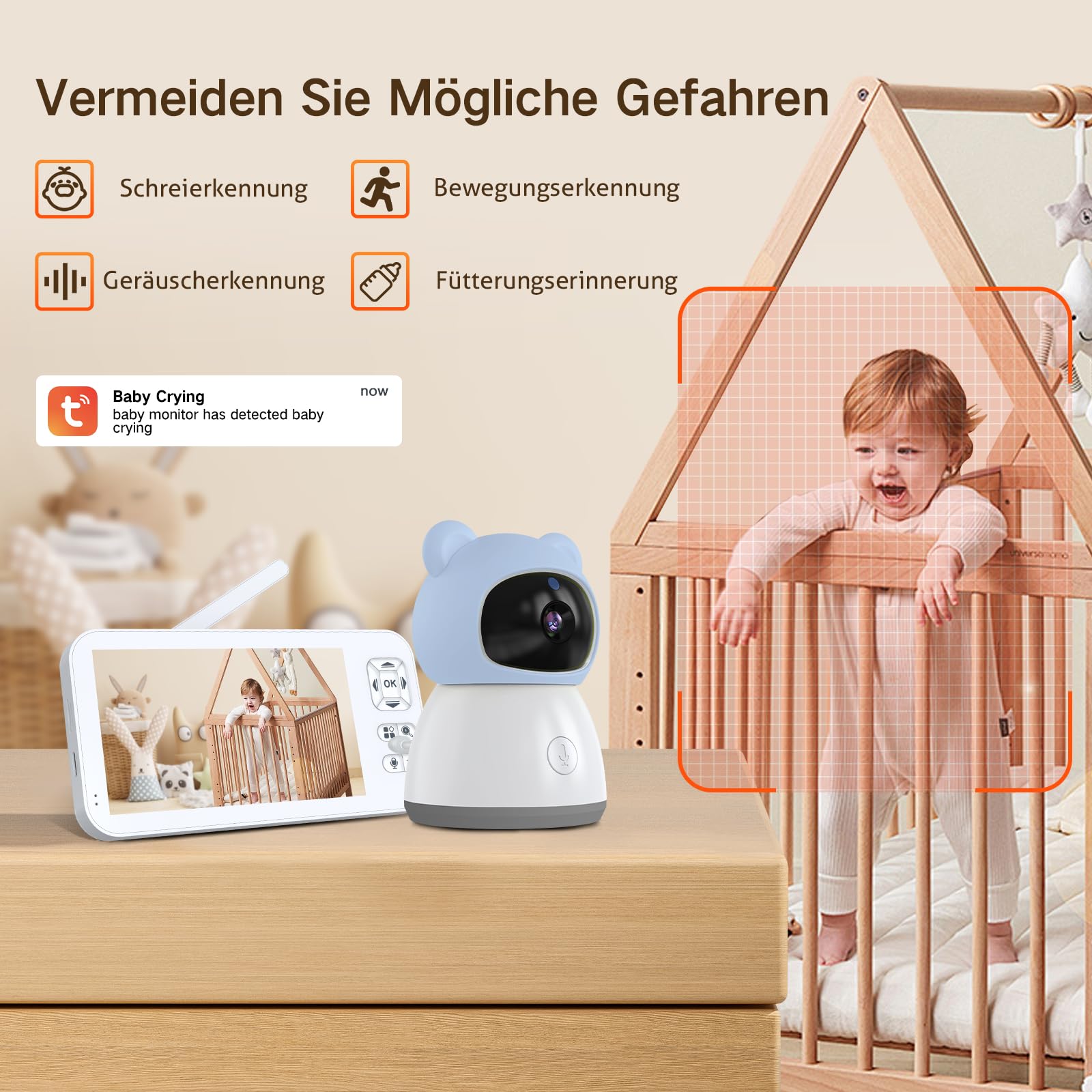Babyphone mit Kamera 2K/3MP, 5" WLAN Video Babyfon mit App, PTZ 360 Grad Bewegungsverfolgung, IR-Nachtsicht, Weinen/Bewegungs/Geräuscherkennung, Temperaturerkennung, App Steuerung