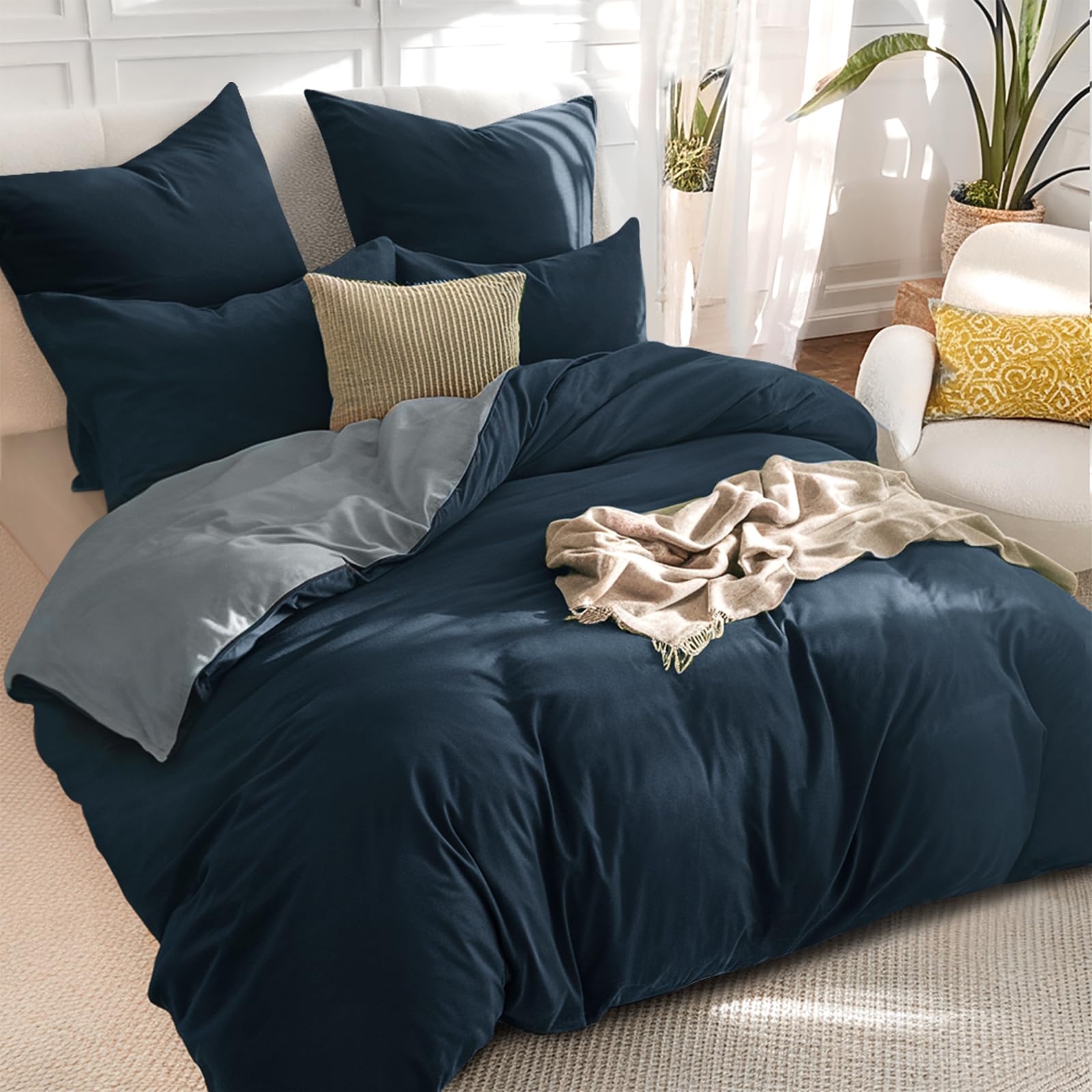RUIKASI Navy King Size Duvet Cover Sets Grey, Reversible Blue Duvet Cover Kingsize Bedding Set including Zip