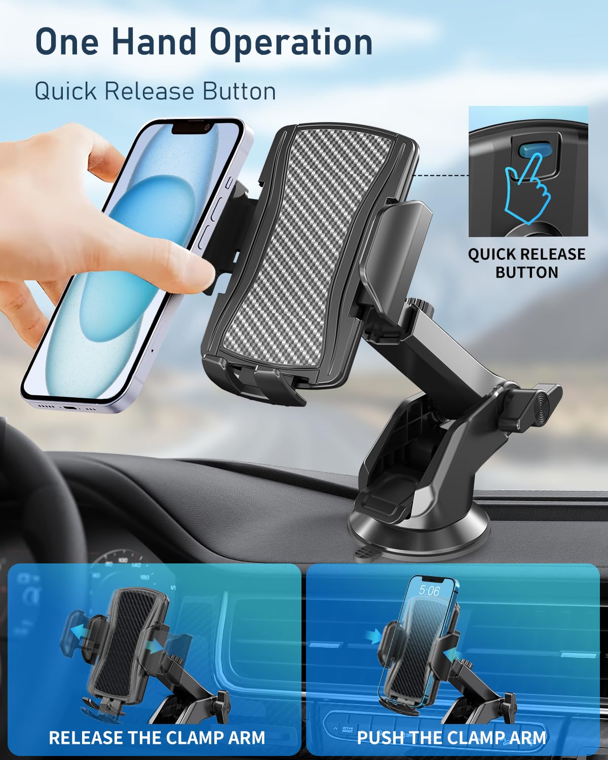 Hoppac Porta Cellulare Auto, Supporto Telefono Auto Universale Ventosa per Cruscotto e Parabrezza, Rotazione 360 Gradi e Rilascio Rapido, per Smartphone 4-7 in