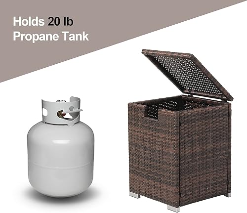 Miniatura 4 de COSIEST Outdoor Hideaway - Mesa de mimbre marrón para fogatas de gas, oculta la cubierta estándar de tanque de propano de 20 libras y 16 pulgadas