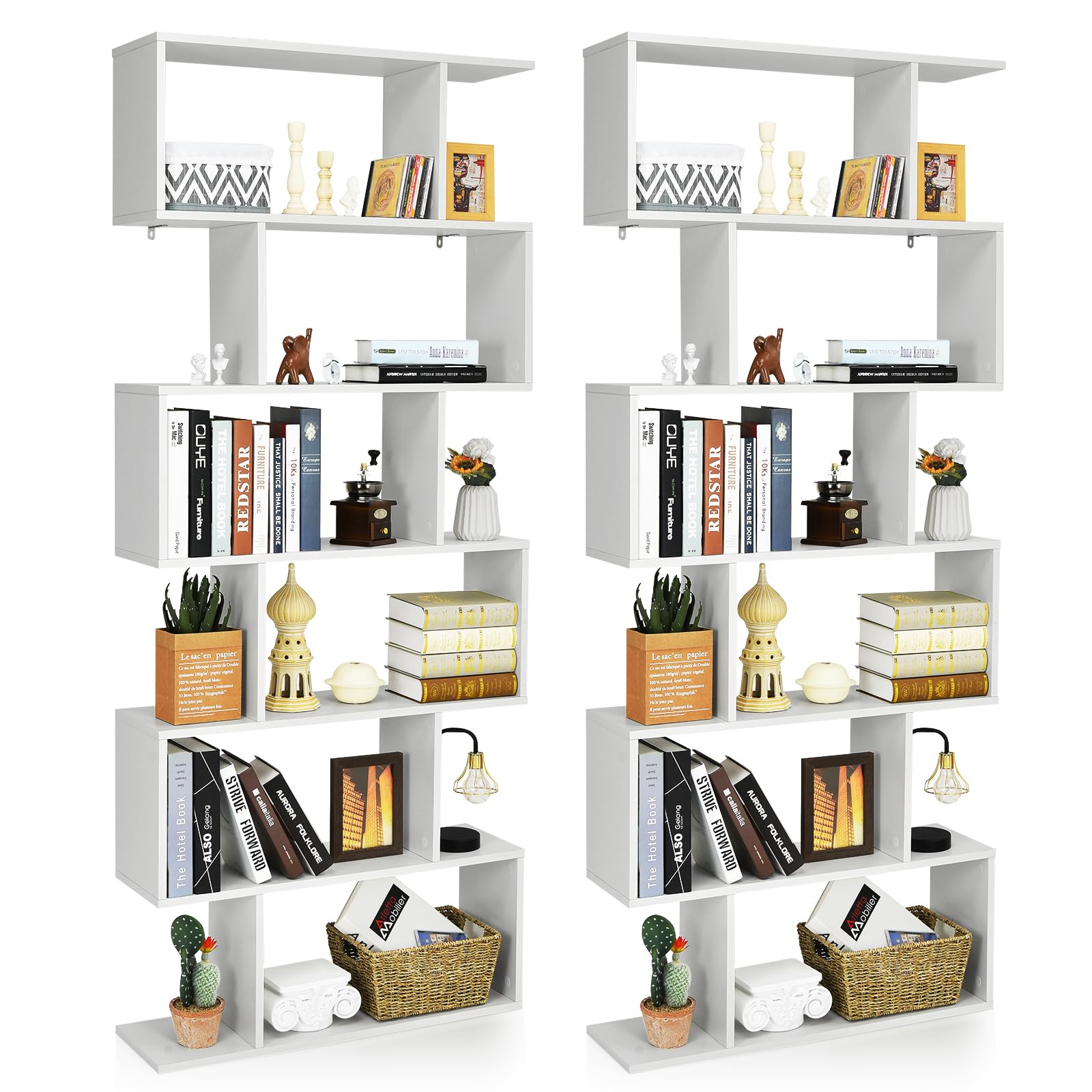 6 Tiered Geometric Bookshelf, Unique S-Shaped Book Shelf, Freestanding Room Divider Bookcase, Modern Display Shelf, Versatile Decorative Storage Shelving for Home Office (2, White)