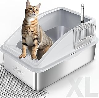 Caja de arena de acero inoxidable | Cajas de arena para gatos cerradas XL con tapa para gatos grandes | Lado alto, antifugas de orina | Parte inferior antiadherente e incluye alfombrilla de arena y