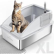 Stainless Steel Litter Box | XL Enclosed Cat Litter Boxes with Lid for Big Cats | High Sided, Anti-Urine Leakage | Non-Stick Bottom &amp; Includes Litter Mat &amp; Metal Scoop
