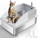Stainless Steel Litter Box | XL Enclosed Cat Litter Boxes with Lid for Big Cats | High Sided, Anti-Urine Leakage | Non-Stick Bottom & Includes Litter Mat & Metal Scoop X-Large Silver Gray