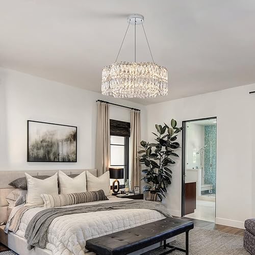 Miniatura 8 de Poemoon Moderno candelabro LED de cristal de 24 pulgadas con control remoto, regulable de 3000 a 6500 K, lámparas de lujo contemporáneas, lámpara