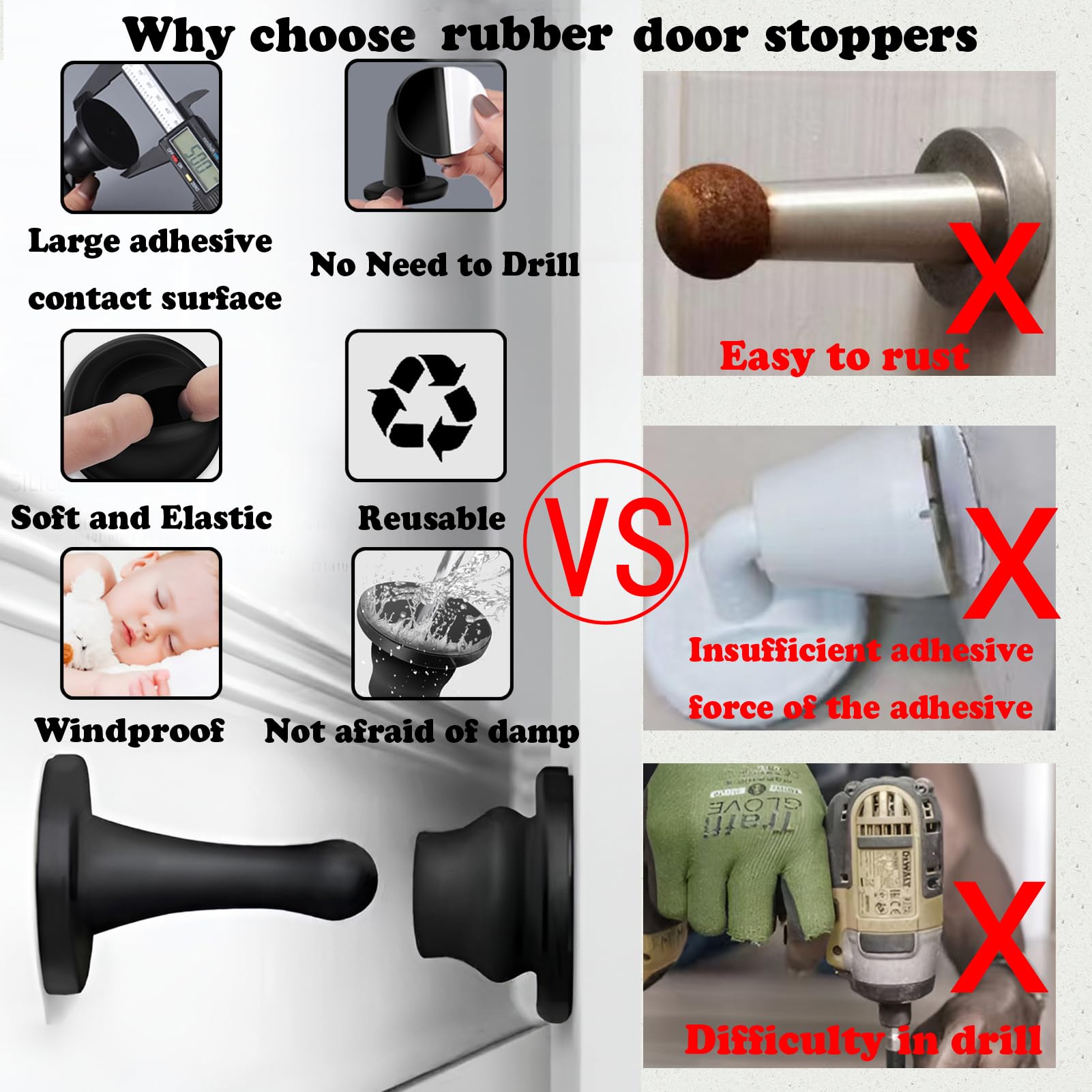 HOOFUS - Paquete de 4 topes de silicona para puerta, autoadhesivos, sin tope magnético, protector de pared con soporte de puerta de casa duradero, reutilizable, impermeable, sin necesidad de taladrar,