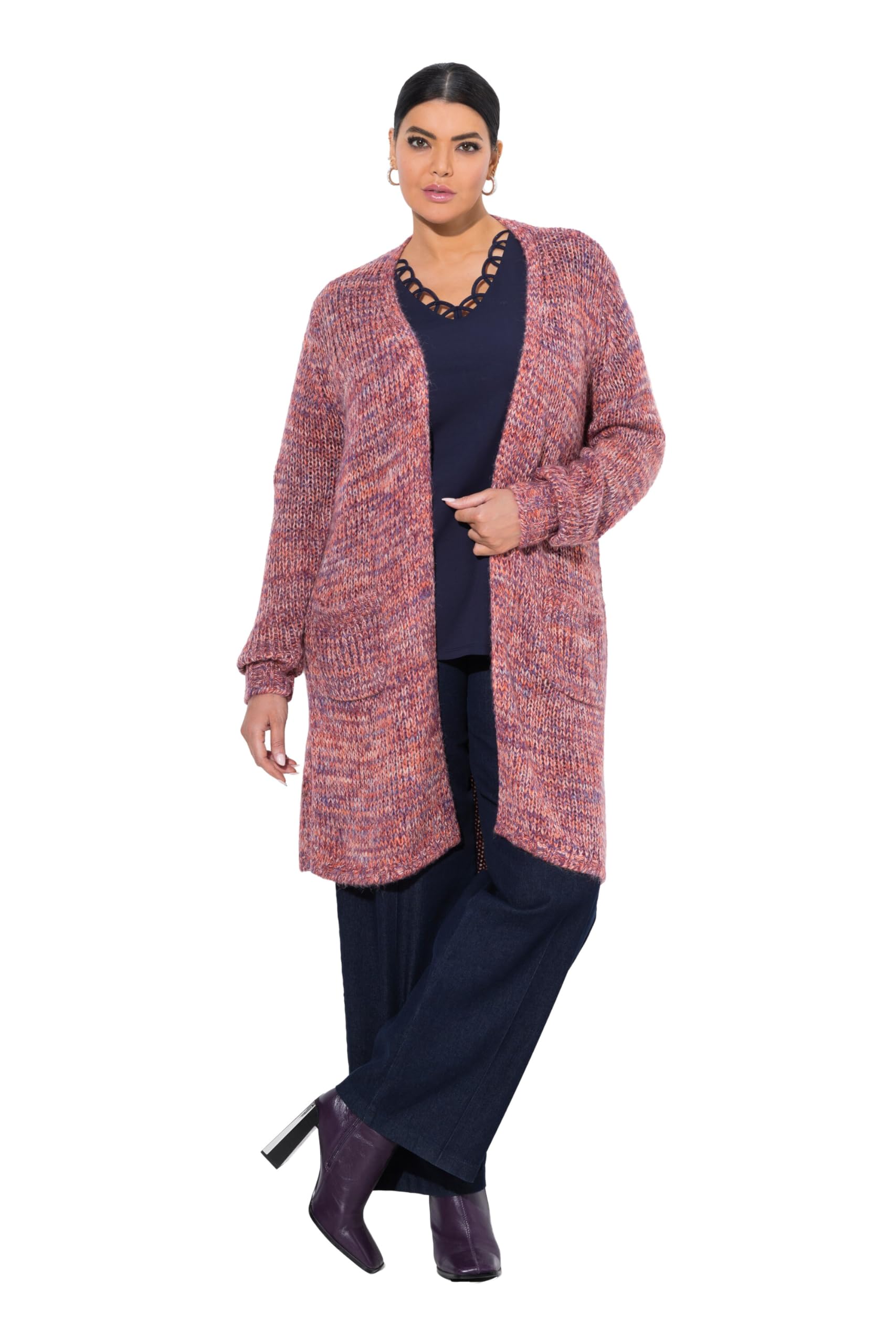 Ulla Popken Damen große Größen Übergrößen Plus Size Long-Strickjacke, Grobstruck, V-Ausschnitt, Langarm 843197