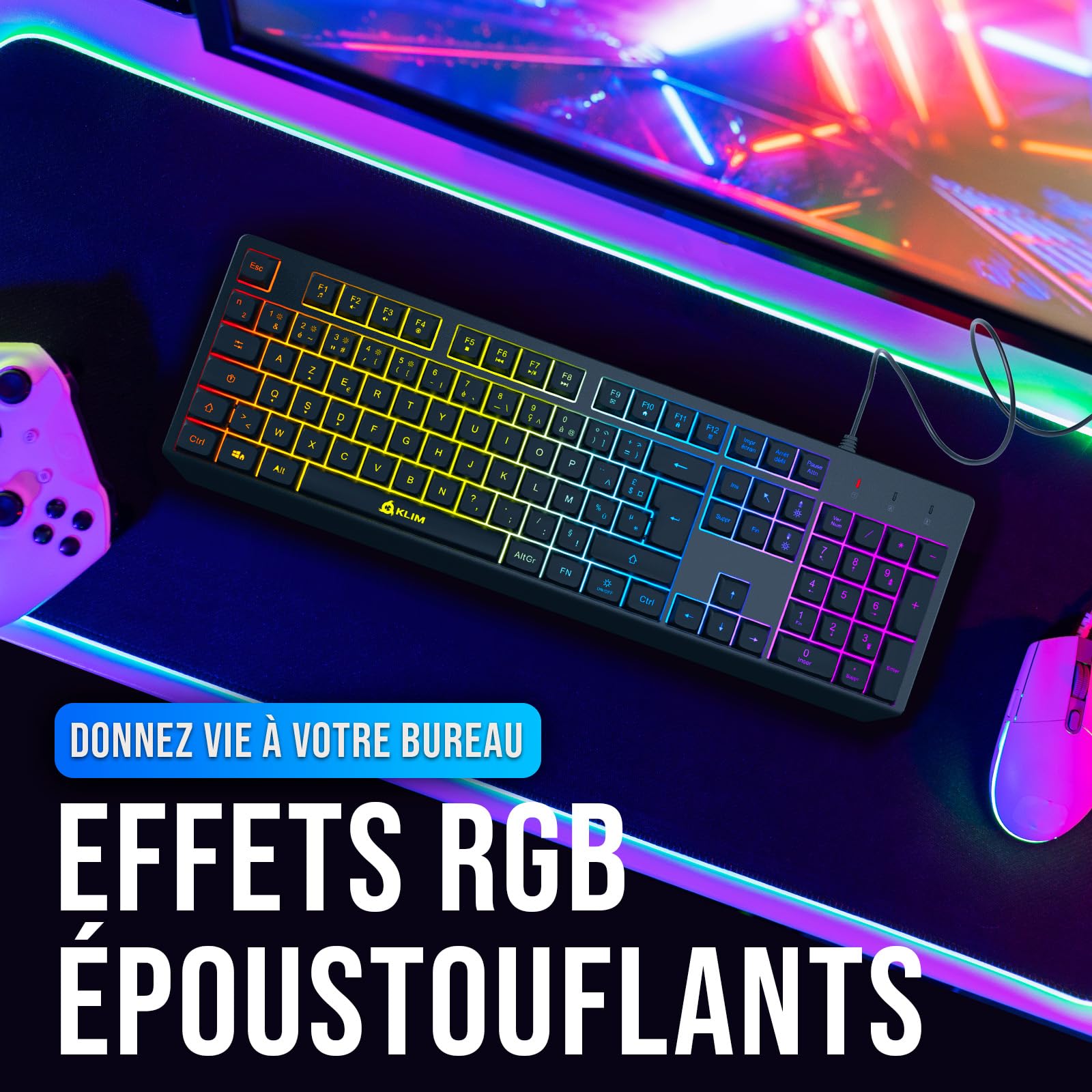 KLIM Chroma Clavier Gamer AZERTY FR - Nouveauté - Silencieux USB - Clavier Filaire Rétroéclairé LED - PC Gaming PS4 PS5 Mac - Noir