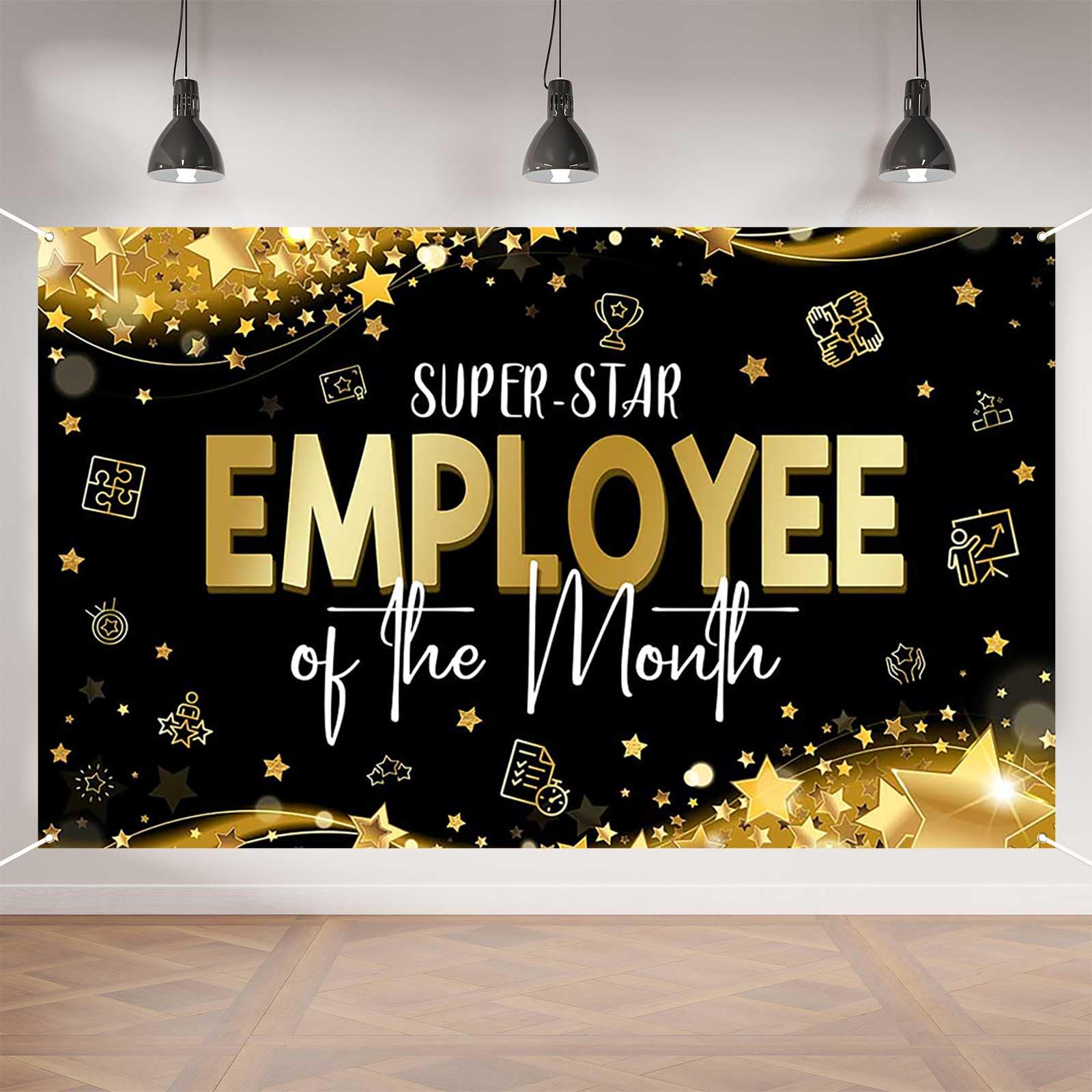 Aperturee Employee of the Month Banner, 70.8x43.3 Inch, Professional Employee Appreciation Backdrop,Black and Golden Star Background for Office Decor