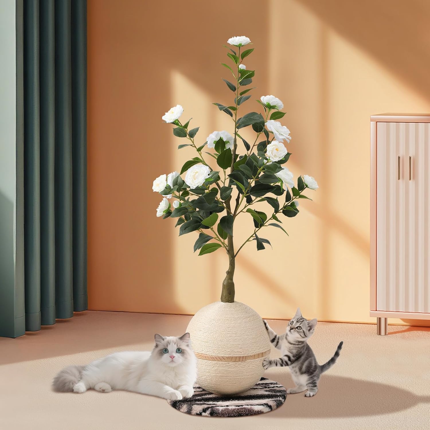 Cat Scratching Post, Artificial Camellia Tree Cat Scratch Ball with Sisal Rope, Cute Flower Scratching Posts for Indoor Cats Adults and Kitten, Modern Cat Scratcher for Home Decor