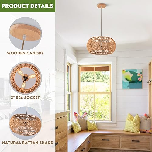 Miniatura 7 de Lámpara de ratán para comedor, lámpara colgante estilo bohemio, lámpara colgante para montaje en techo, pantalla tejida a mano, lámpara de 3 luces,