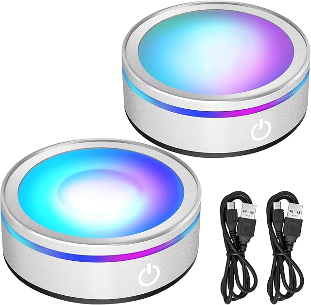 EEEKit 2 Pack LED Light Base, 6 Color Round Show Stand, Valentine's Day Gifts, Lighted Display Stand with Sensitive Touch Switch for 3D Laser Crystal Glass Art(Flat Base & Concave Base)