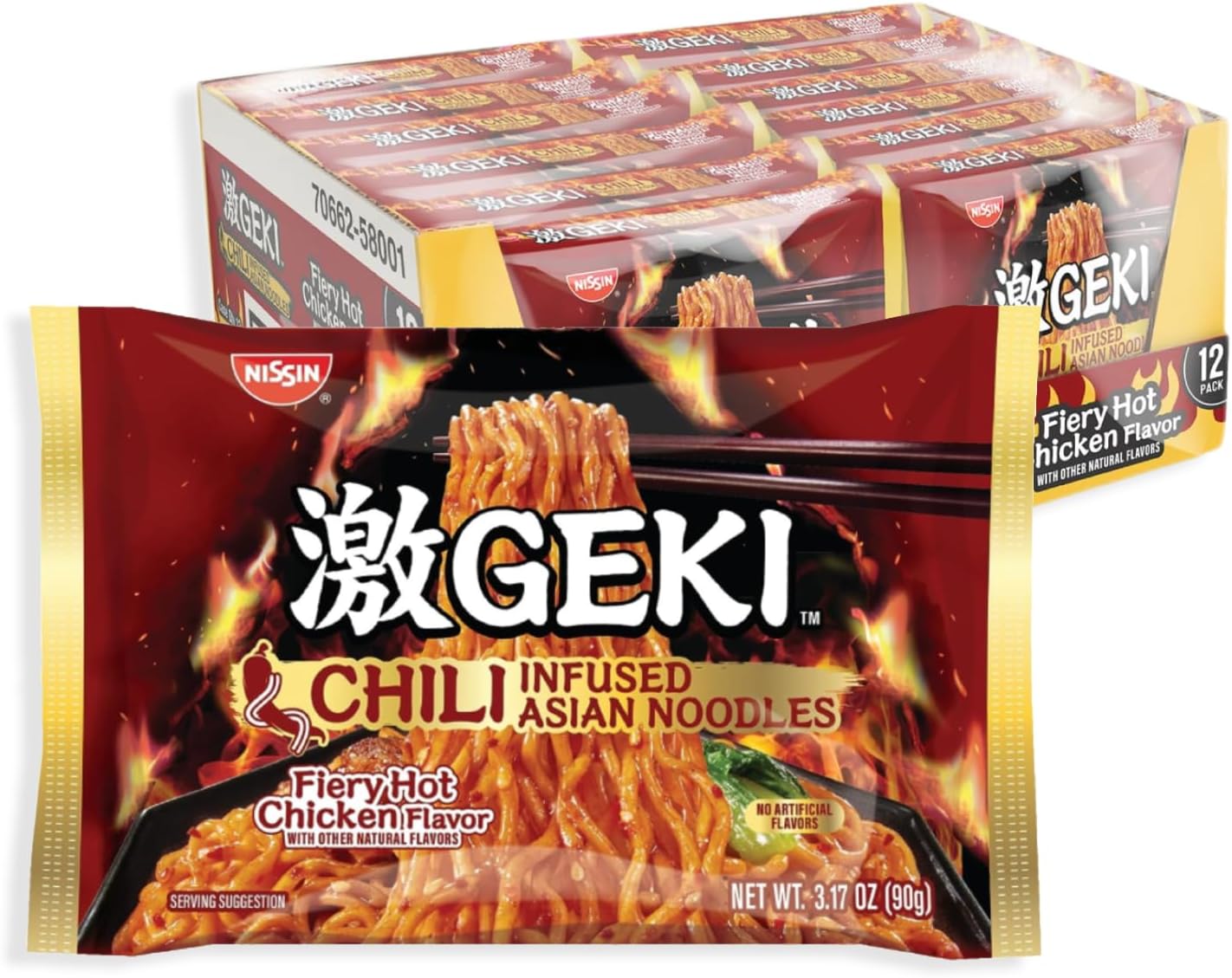 Geki Chili Infused Asian Noodles, Fiery Hot Chicken Flavor, 3.17 Ounce (Pack of 12)