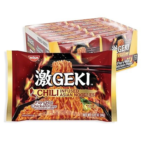Nissin Geki Chili Infused Asian Noodles, Fiery Hot Chicken Flavor, 3.17 Ounce (Pack of 12)