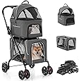 Folding Dog Stroller Travel Cage Stroller for Pet Cat Kitten Puppy Carriages - Large 4 Wheels Elite Jogger - Single or Multiple Pets (Gray - 2 cage)