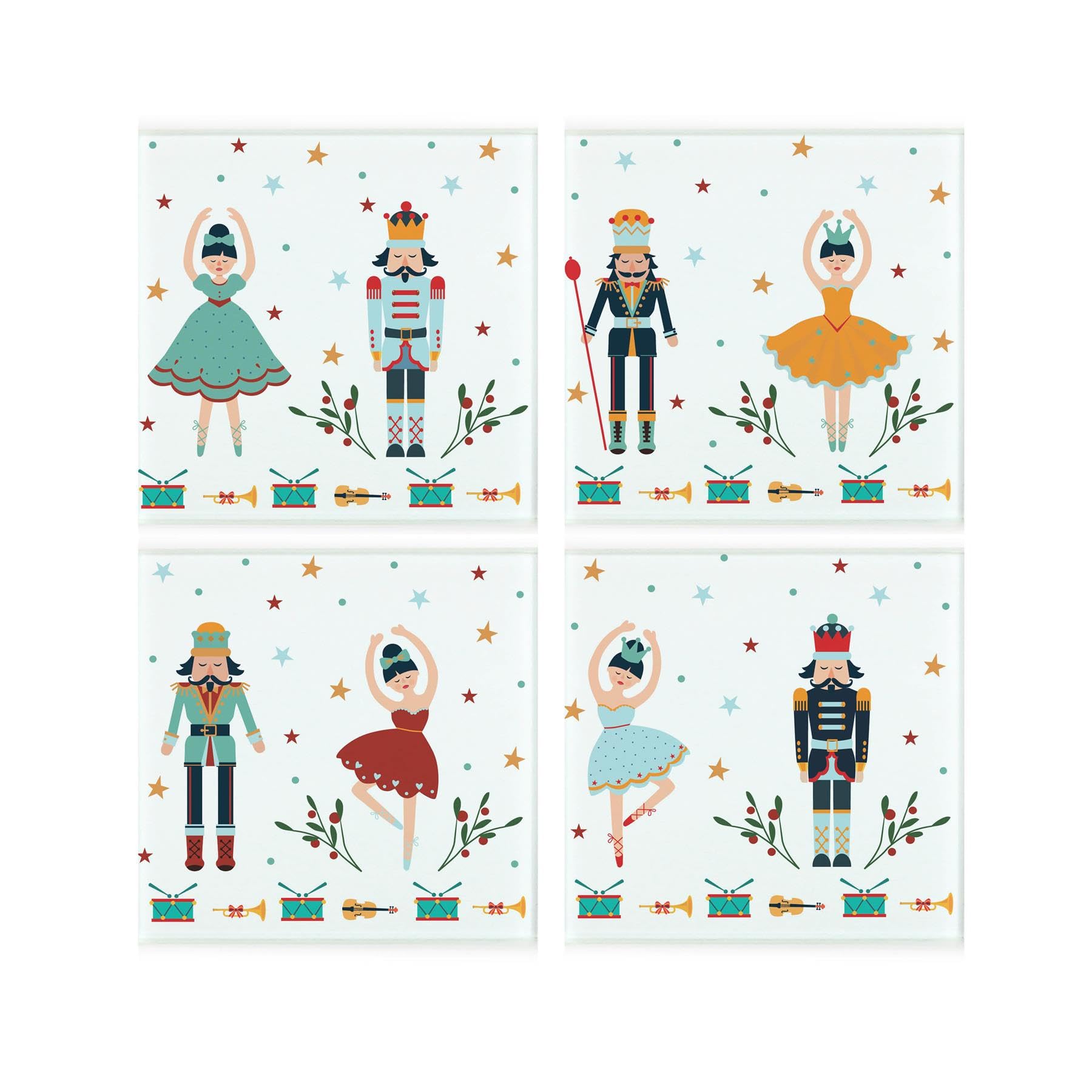 Christmas Nutcracker Glass Coaster Set - Ballet Festive Xmas Gifts - Set of Four (4) Square Drinks Coasters