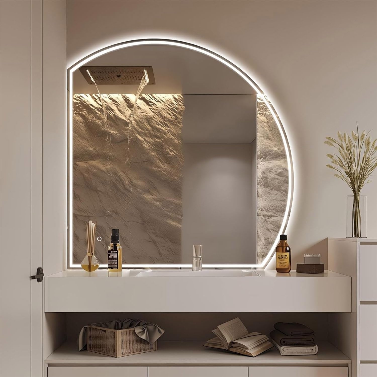 WQZzjm LED Bathroom Mirror 36 Inch, Smart HalfMoon Wall Mirror, Adjustable Brightness, 3 Color Modes, AntiFog, Irregular SemiCircle Design, Left Side (Right 40in/100cm)